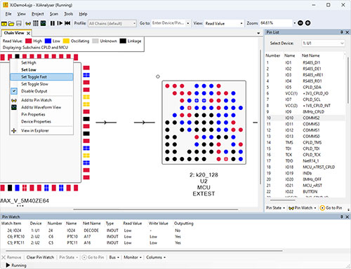 XJAnalyser showing colour-coded pin values screenshot